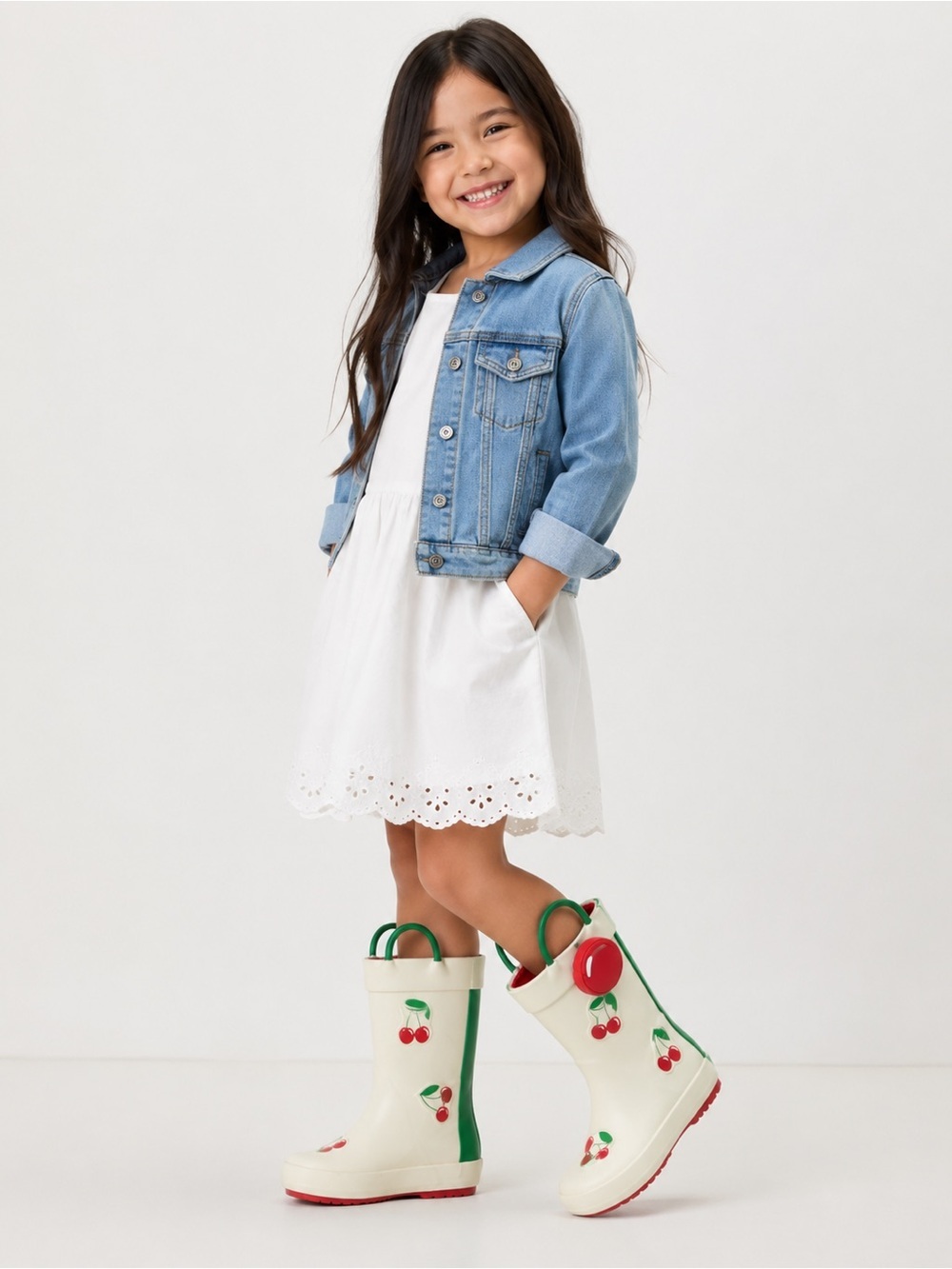 NWT Truce Girls Cherry Print Rain Boots Size 5/6 White Red Green Cute Handles